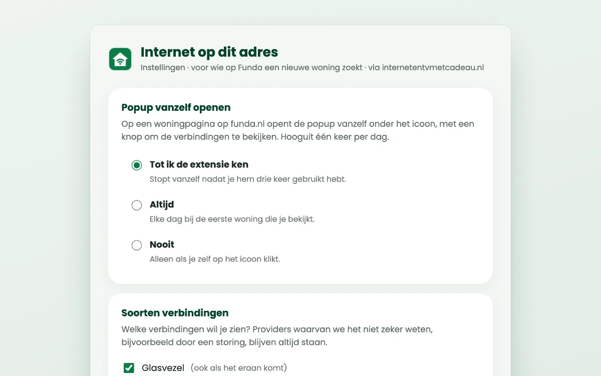 Instellingen van de extensie: providers, soorten verbindingen en automatisch openen