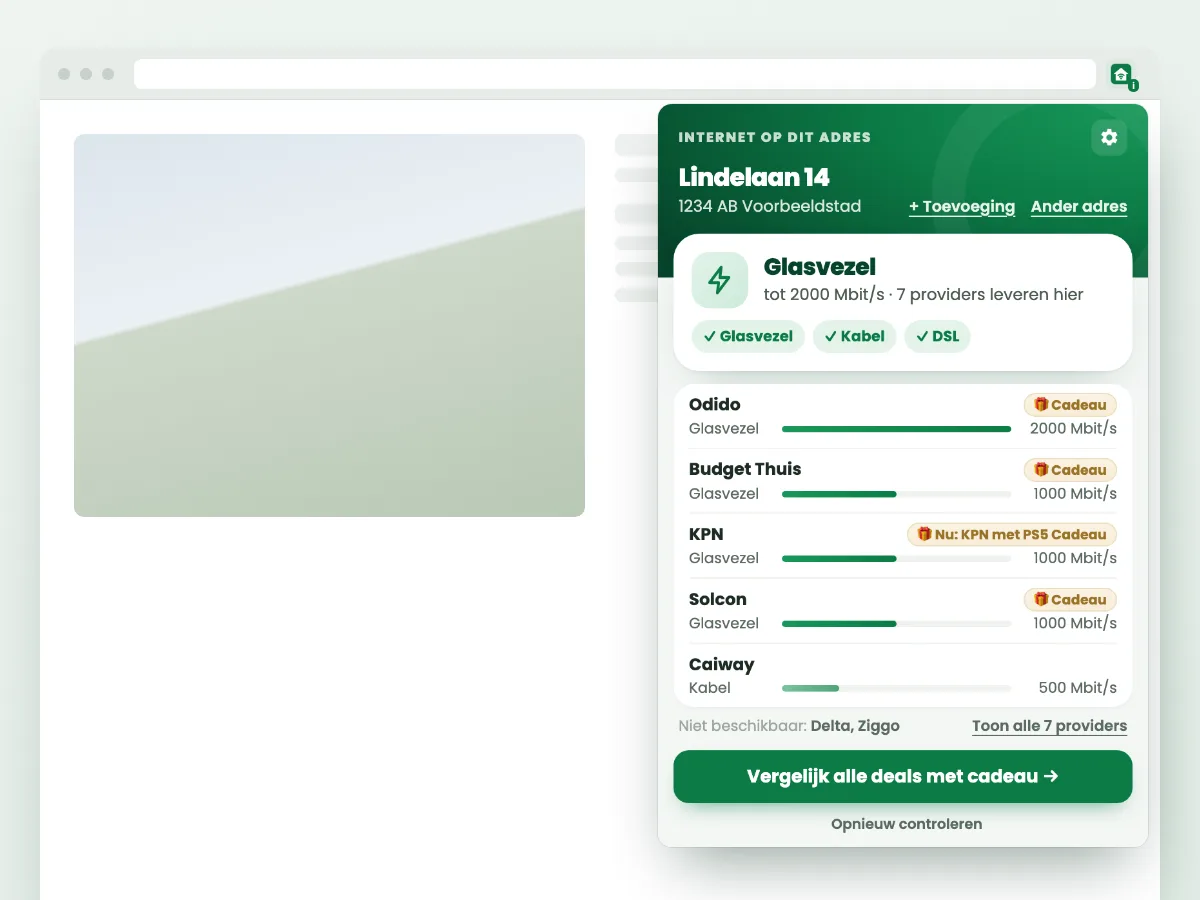 De extensie toont bij een woning dat er glasvezel ligt tot 2000 Mbit/s en welke providers er leveren
