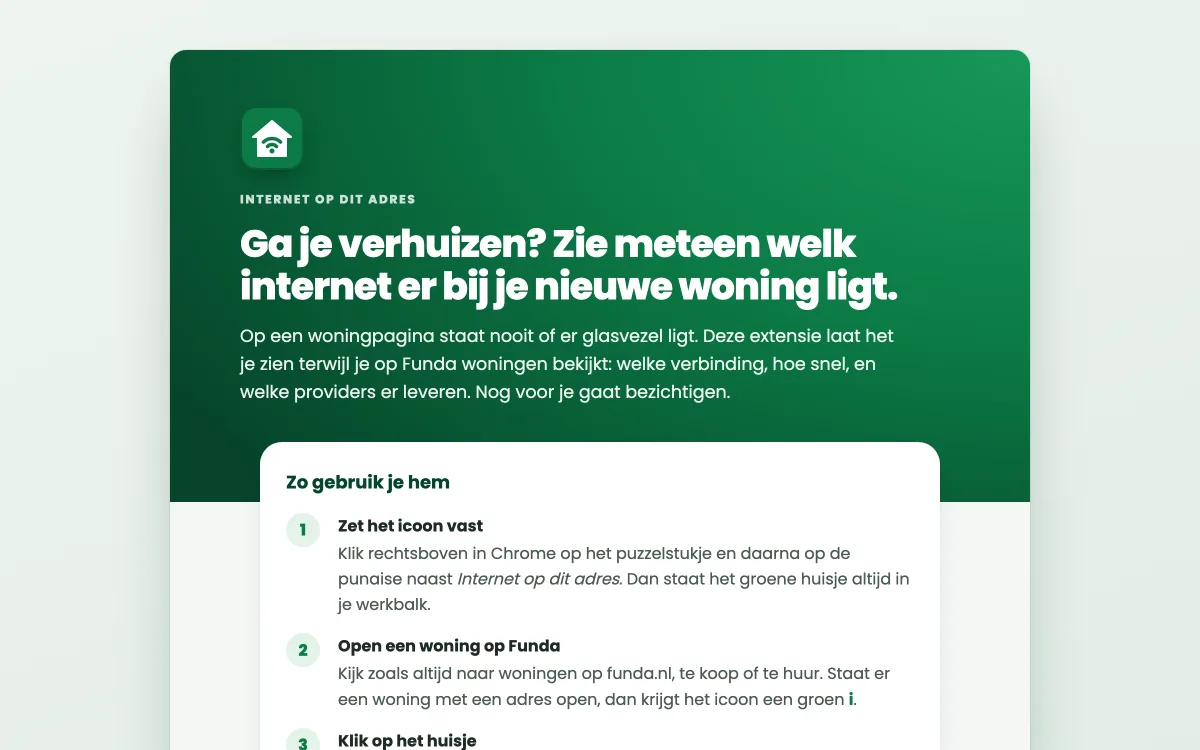Welkomstpagina van de extensie met de drie stappen