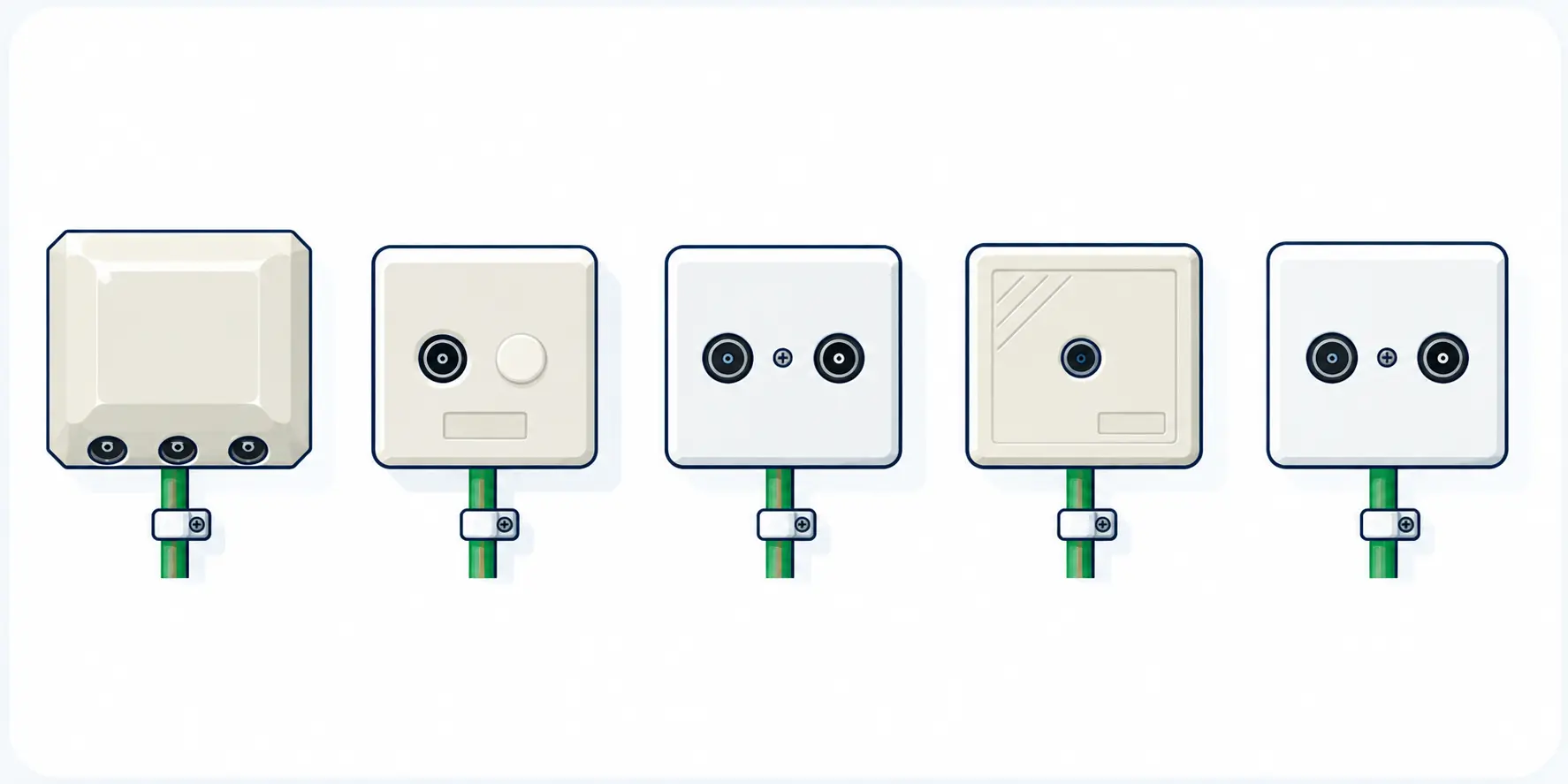voorbeelden van hoofdaansluitingen voor kabel met een groene coaxkabel